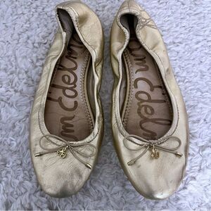 Sam Edelman Gold Metallic Women Bow Ballet Flats Slip On Leather Trendy SZ 7.5